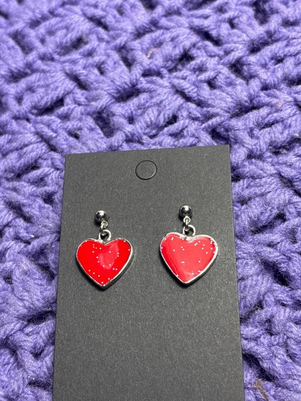 Red Enamel Glitter Silvertone Heart Dangle Earrings 1 inch
